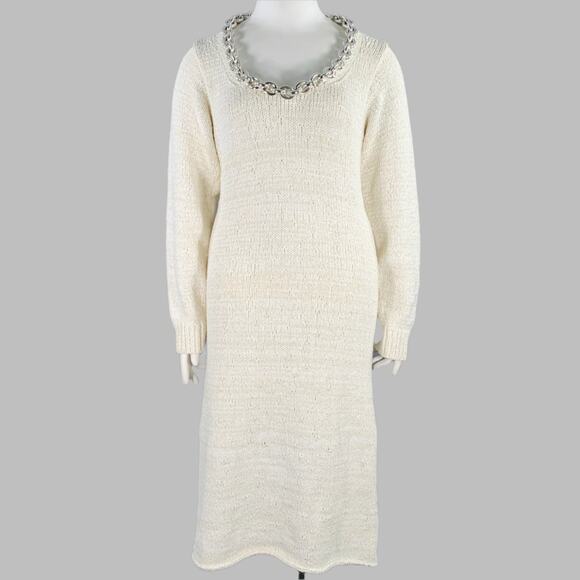 BOTTEGA VENETA Pre-Fall 2020 L Beige Silver Cotton Blend Chain Long Sleeve Dress - Picture 1 of 8
